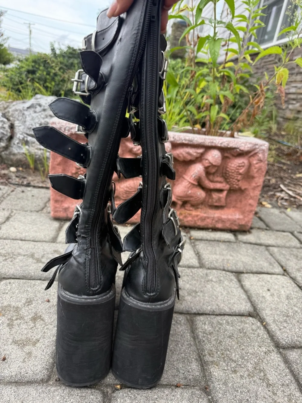 Black Platform Studded Buckle Boots - Women